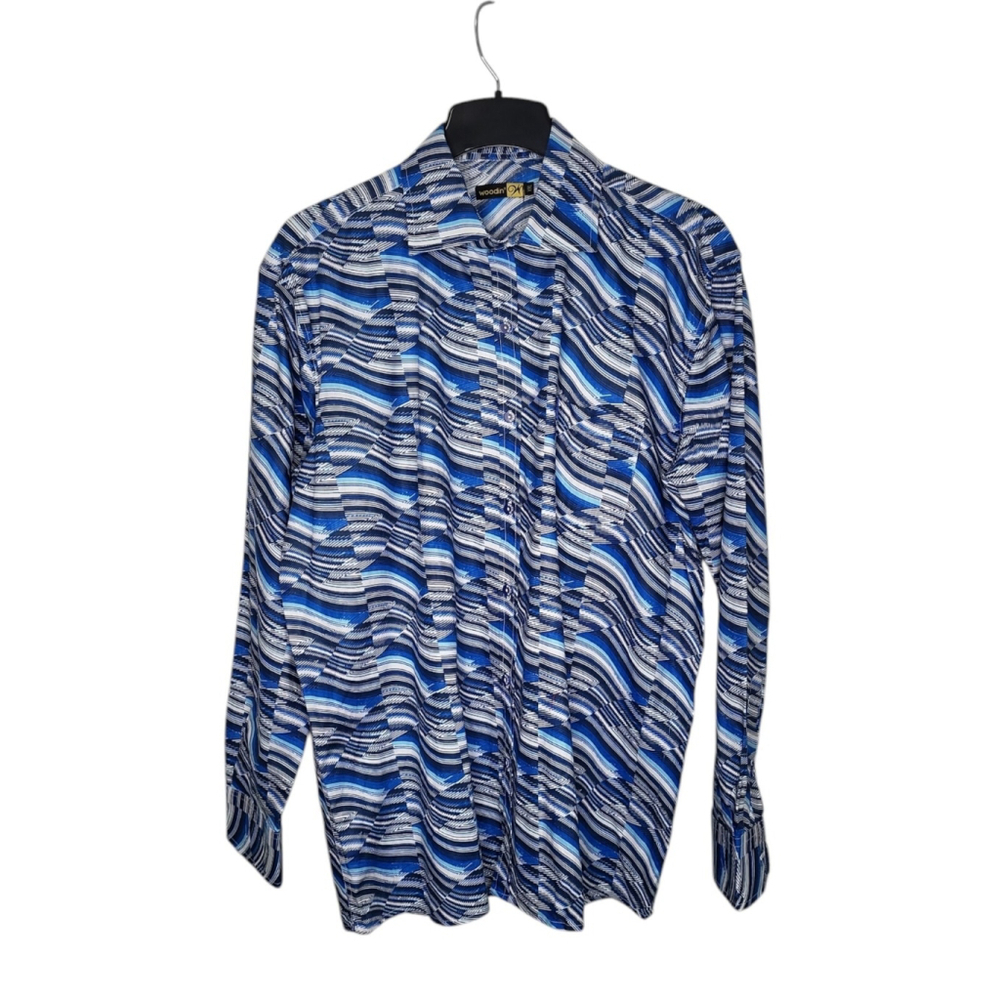 Woodin Men's Shirt Size XXL Graphic Blue Woven Button Up 100% Cotton